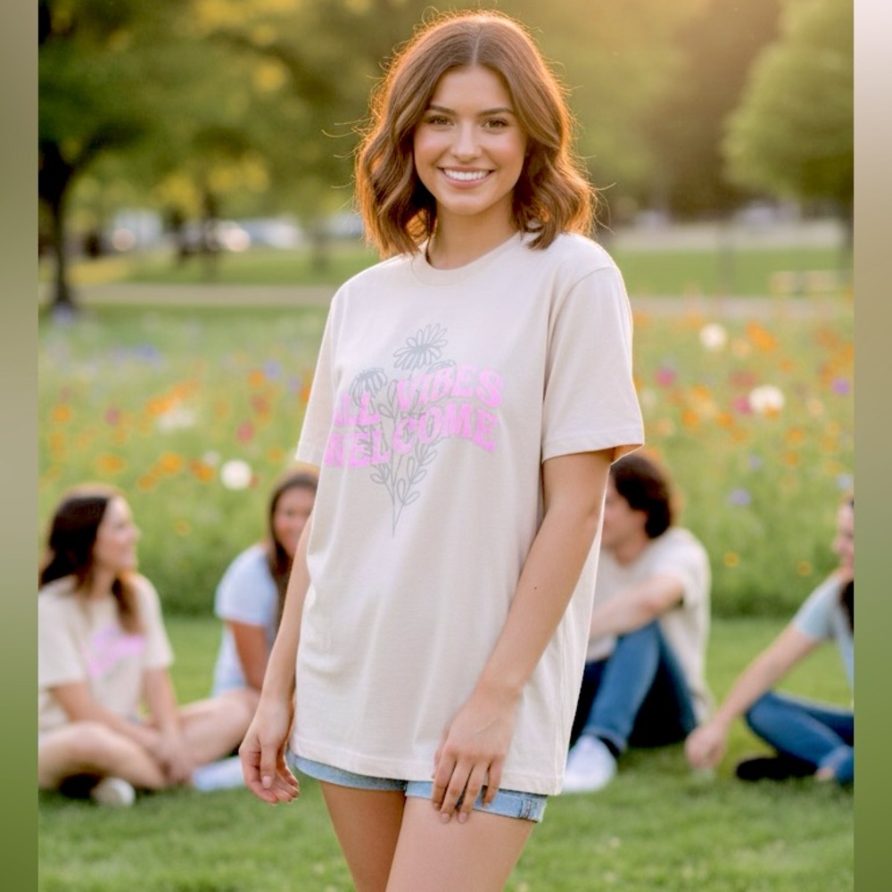 ALL VIBES WELCOME Women’s Short Sleeve Casual Tee
